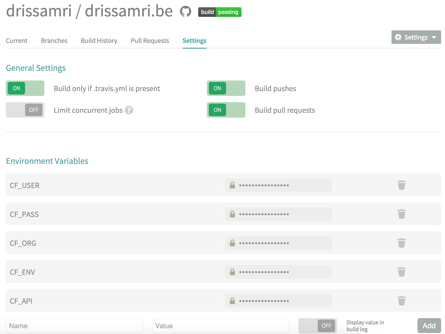 Travis CI environment variables